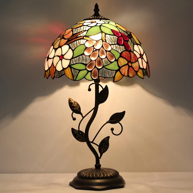Tiffany Lamp Purple Grape Style Stained Glass Table Lamp Desk Bedside Reading Light 12X12X19 Inches with Metal Leaf Base Decor Bedroom Living Room - Bloomnest
