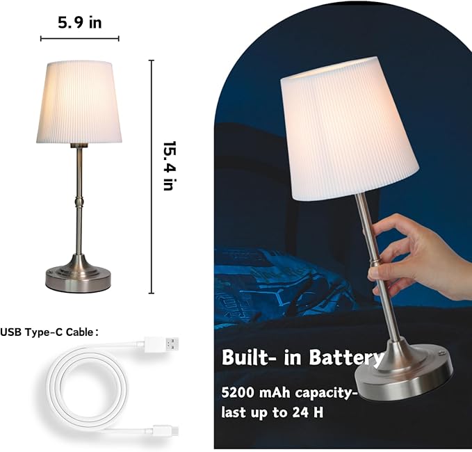 Rechargeable Table Lamp, Cordless Touch Lamps, Portable Desk Light with Stepless Dimmable Brightness & Fabric Shade for Nightstand Bedside Living Room (Silver, Twill) - Bloomnest