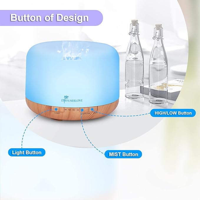 Diffuserlove Diffuser Essential Oil Diffusers 500ML Remote Control Aroma Diffuser Cool Mist Aromatherapy Diffuser with Mute Design, Timer and Auto Shut-Off for Office Living Room Yellow - Bloomnest