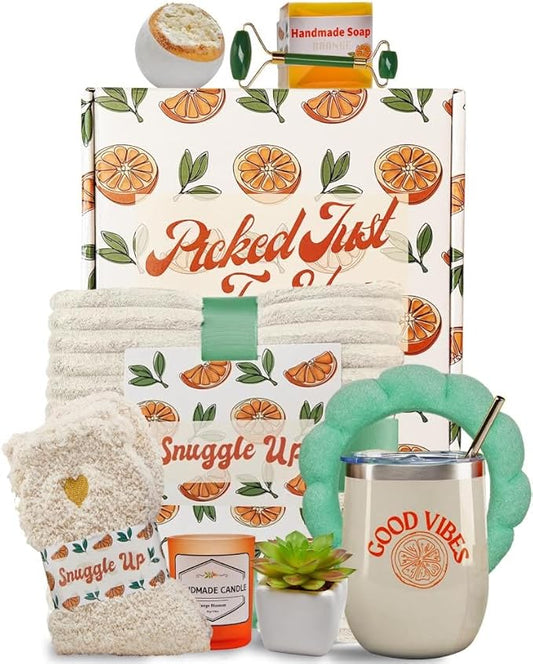 Sunny&Wise Care Package For Women - Designed in USA - Self Care Gifts After Surgery, Get Well Soon, Orange Fruit Themed, Thinking of You, 12 Oz Good Vibes Tumbler