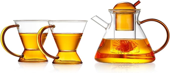 French Style Glass Teapot Set with 2 Glass Cups - Amber Borosilicate Teapot with Glass Filter, 12 Filter Gaps, Transparent Design - Bloomnest