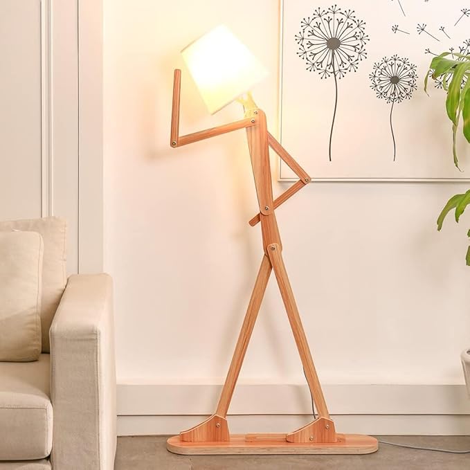 Cool Tall Floor Lamp for Living Room Bedroom Farmhouse - Corner Decorative Reading Standing Light Wood Creative Swing Arm Arc Design Gift for Kids/Boys/Girls Bedside - with LED Bulb (Ash) - Bloomnest