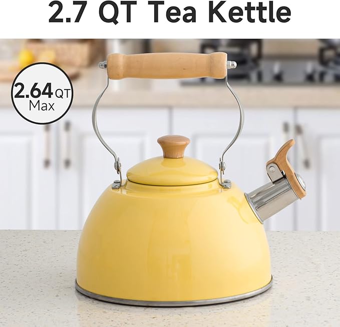 ROCKURWOK Tea Kettle, Tea Pot with Cool Touch Ergonomic Handle, Teapot Food Grade Stainless Steel, Tea Kettle Stovetop, Kettle Teapot, Whistling Tea Kettle, Tea Pot, 2.7 Quart (Yellow) - Bloomnest
