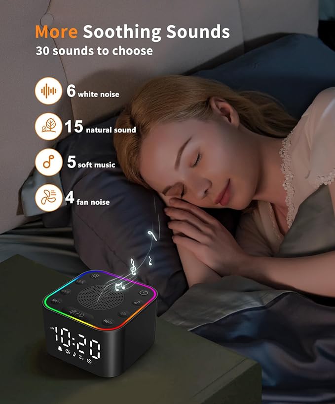 White Noise Sound Machine, Alarm Clock with Sound Machine for Sleeping, White Noise Machine with Digital Clock for Bedrooms, RGB Night Light, 30 Soothing Sounds for Baby Kids Adults - Bloomnest