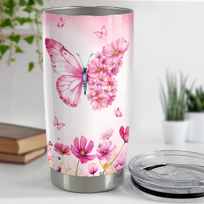SANDJEST Butterfly Tumbler 20oz Butterfly Gifts for Women Girl Teen Stainless Steel Insulated Tumblers Coffee Travel Cup Mug Gift for Birthday Christmas - Bloomnest
