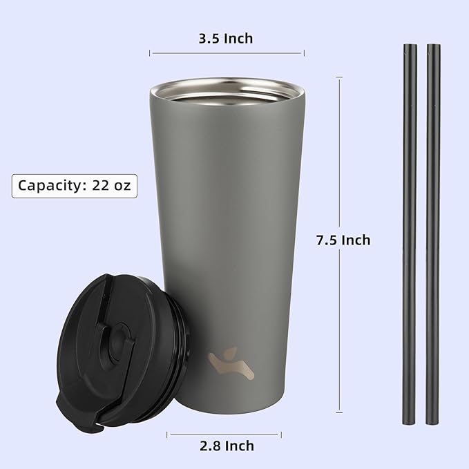22 OZ Insulated Tumbler with Lid and 2 Straws Stainless Steel Water Bottle Vacuum Travel Mug Coffee Cup,Gray - Bloomnest