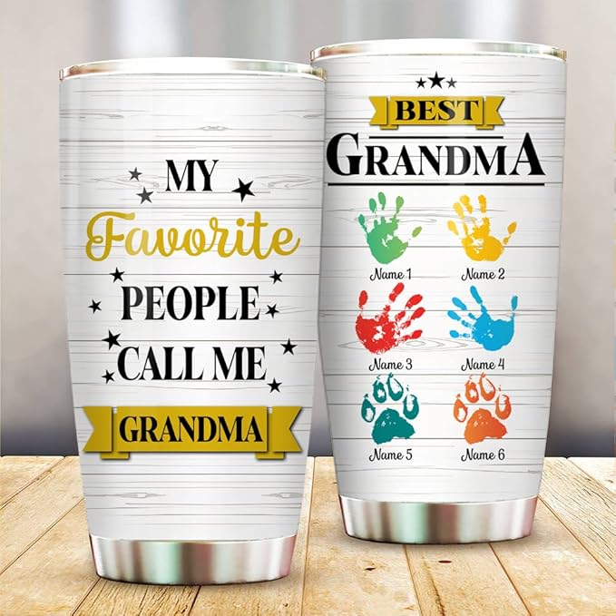 Personalized Best Grandpa, Grandma Colorful Handprint Tumbler Cup with Grandkids Names, Gift For Grandparents, Grandmother, Grandfather Birthday 20oz 30oz Insulated Coffee/Tea Mug with Lid - Bloomnest