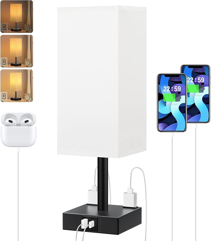 Touch Bedside Table Lamp for Nightstand - 3-Way Dimmable Night Lamp with USB A + Type C Charging Ports and Two AC Outlets, Small Desk Light with E26 LED Bulb for Bedroom Living Room,White Black - Bloomnest