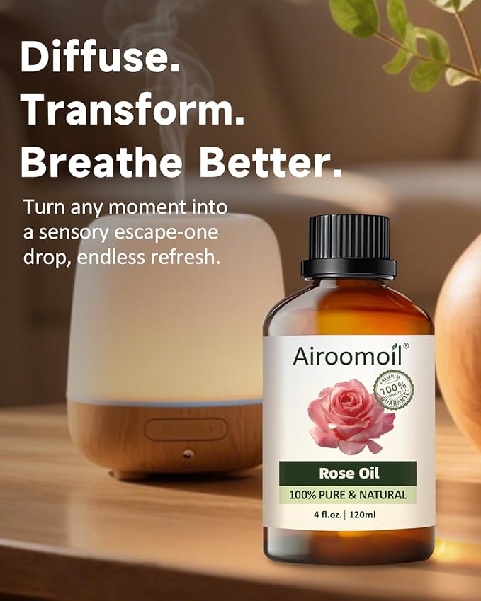 Rose Essential Oil 4 fl oz, 100% Natural Rose Oil for Diffuser, Humidifier, DIY, Aromatherapy, Potpourri, Soft-to-Medium Floral Aroma, Large Value Bottle for Home Fragrance & Crafts Airoomoil