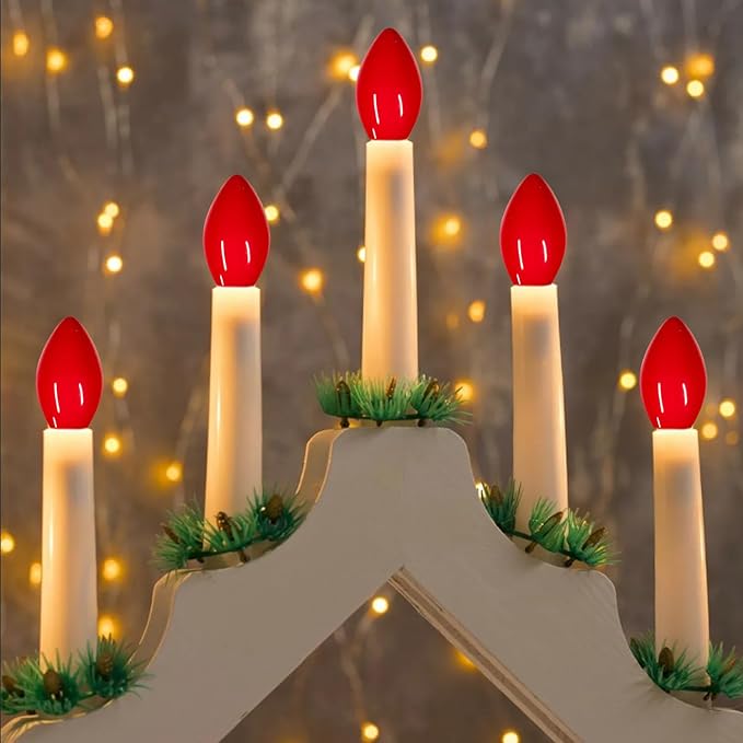 25 Pack C7 Red Ceramic Incandescent Replacement Bulbs, 5W Warm White 2200K, E12 Candelabra Base, Waterproof C7 Night Light Bulbs for Vintage Christmas Lights Outdoor Indoor Home Party Decorations - Bloomnest