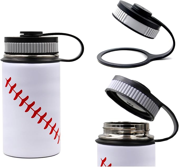12 oz Baseball Water Bottle, Sports Flask Metal Travel Tumbler with 2 Lids, Stainless Steel Double Wall Vacuum Insulated Leak Proof Thermo Water Bottles, Baseball Accessories Gifts for Mom Boys Girls - Bloomnest