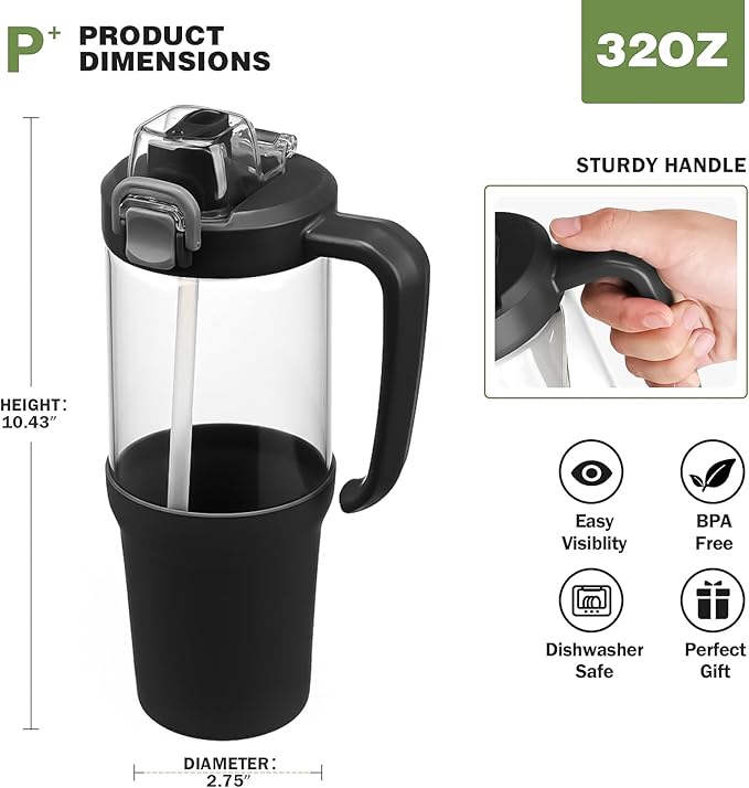 32 oz Glass Tumbler with Handle, 2-in-1 Straw and Sip Spout, Leakproof, BPA-Free Glass Water Bottle for Sports, Office, School, Black - Bloomnest