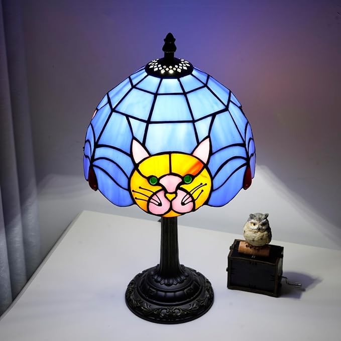 Tiffany Lamp Cat Stained Glass Table Lamp 8 Inch Orange Warm Ambient Lighting Bedroom Small Nightstand Dorm Cafe Office Corner Vintage Home Decoration Tiffany Style Table Lamp Blue cute Cat Lamp - Bloomnest