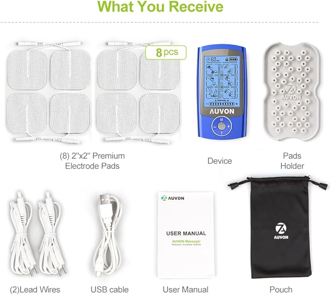 AUVON Rechargeable TENS Unit Muscle Stimulator, 24 Modes 4th Gen TENS Machine with 8pcs 2"x2" Premium Electrode Pads for Pain Relief AUVON