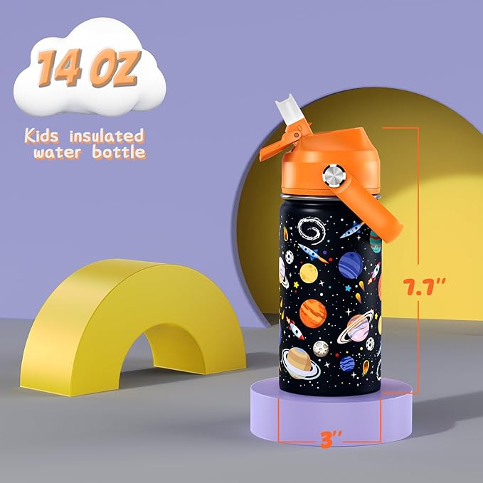 14oz Kids Insulated Water Bottle with Straw Lid - 18/8 Stainless Steel Kid Cup Travel Tumbler Double Wall Vacuum Leak Proof Portable Toddler Water Bottle (Space) - Bloomnest