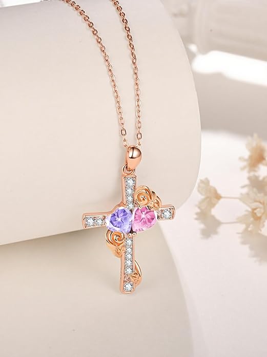 Rose Gold Dual Birthstones Cross Necklace for Women Rose Flower Jewelry Anniversary Christmas Mother's Valentine's Day Birthday Gift for Wife Girlfriend Mom - Bloomnest
