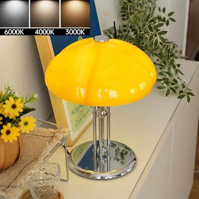 Mushroom Table Lamp with Caramel Lampshade,Art Deco Glass Desk Light with Chrome Base,Dimmable Small Nightstand Lamp,Mid Century Table Light for Living Room Bedroom - Bloomnest