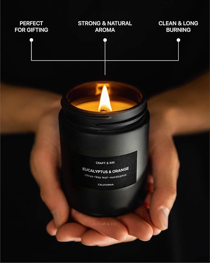 Craft & Kin Premium Orange & Eucalyptus Candle | Black Christmas Scented Candles for Home | Long Lasting with 45 Hour Burn Time, 7.6oz | Soy Holiday Candle | Aromatherapy at Home | Gifts for Men - Bloomnest
