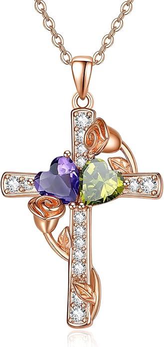 Rose Gold Dual Birthstones Cross Necklace for Women Rose Flower Jewelry Anniversary Christmas Mother's Valentine's Day Birthday Gift for Wife Girlfriend Mom - Bloomnest