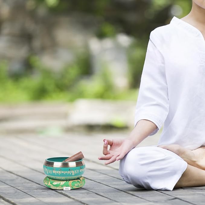 Kmise Tibetan Singing Bowls Set- Handmade in Nepal Meditation Sound Bowls for Yoga, Meditation, Mindfulness, Healing and Chakra Balancing, Stress Relief (5', Green) - Bloomnest