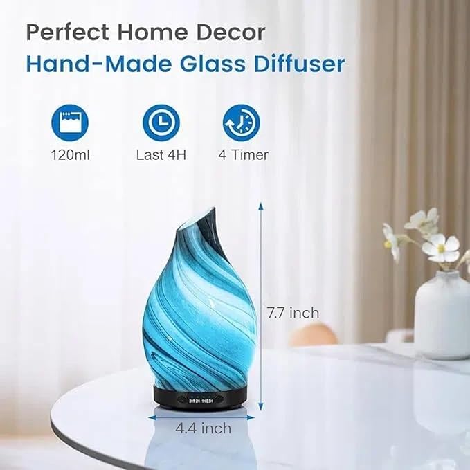 Essential Oil Diffuser, 120ML Glass Aromatherapy Diffuser with Auto Shut-Off and 7 Color LED Lights, Ultrasonic Mist Humidifier with 4 Timer for Home Office Bedroom (Gray Wave) - Bloomnest