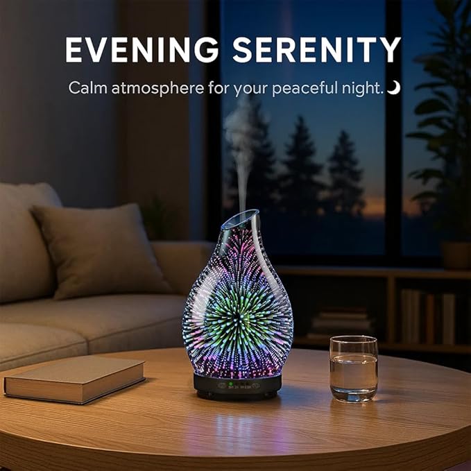 120ML Essential Oil Diffuser, 3D Glass Aromatherapy Diffuser with Auto Shut-Off and 7 Color LED Lights, Ultrasonic Mist Humidifier with 4 Timer for Home Office Bedroom (3D Fireworks) - Bloomnest