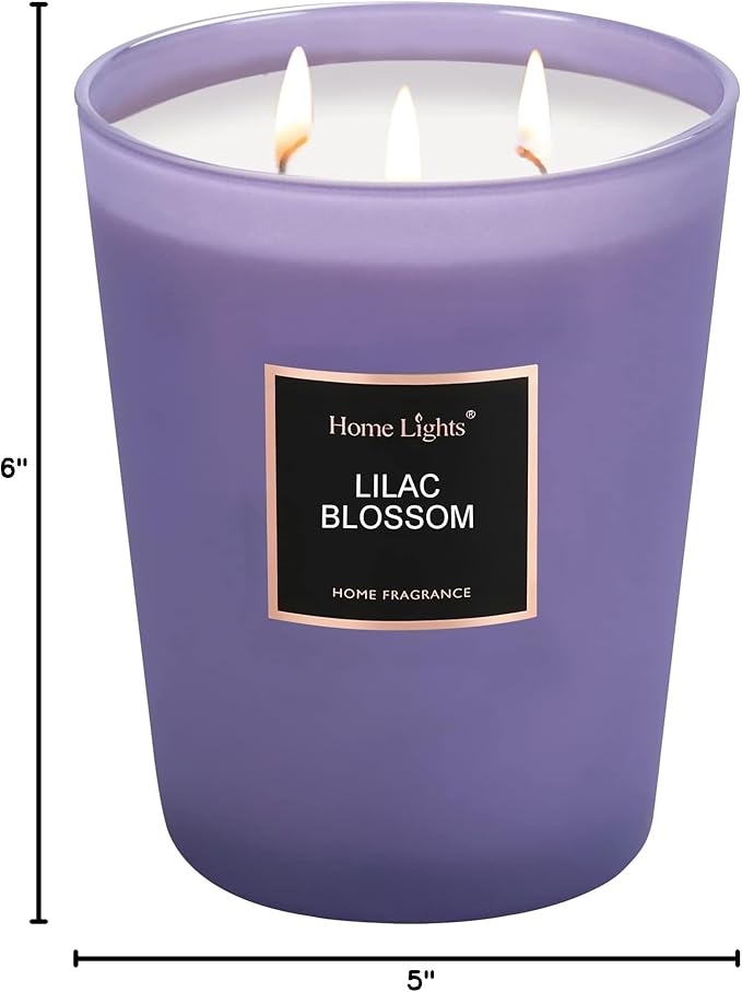 HomeLights Highly Scented Soy Candles Big 33.3 oz for Home. 3 Cotton Wicks, Smokeless Long Lasting 130 hrs in Lilac Blossom. 5x6, Great Gift for Women & Men - Bloomnest