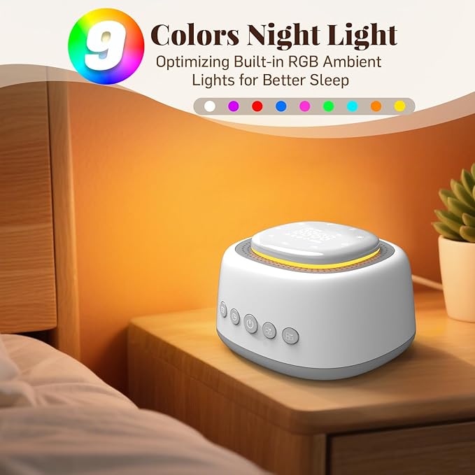 Sound Machine,White Noise Sound Machine with 50 Soothing Sounds 9-Color Night Light Memory Function Timer Alarm Clock &11 Volume Levels Portable Noise Machine for Sleeping Baby Kids Adults Travel Home - Bloomnest