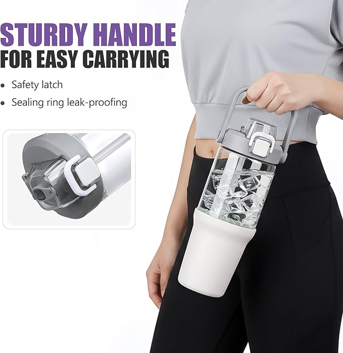 Glass Tumbler with Carry Handle, Clear Glass Water Bottle with Leakproof Lid, Spout Lid&Straw, BPA-Free, 32 oz, White - Bloomnest