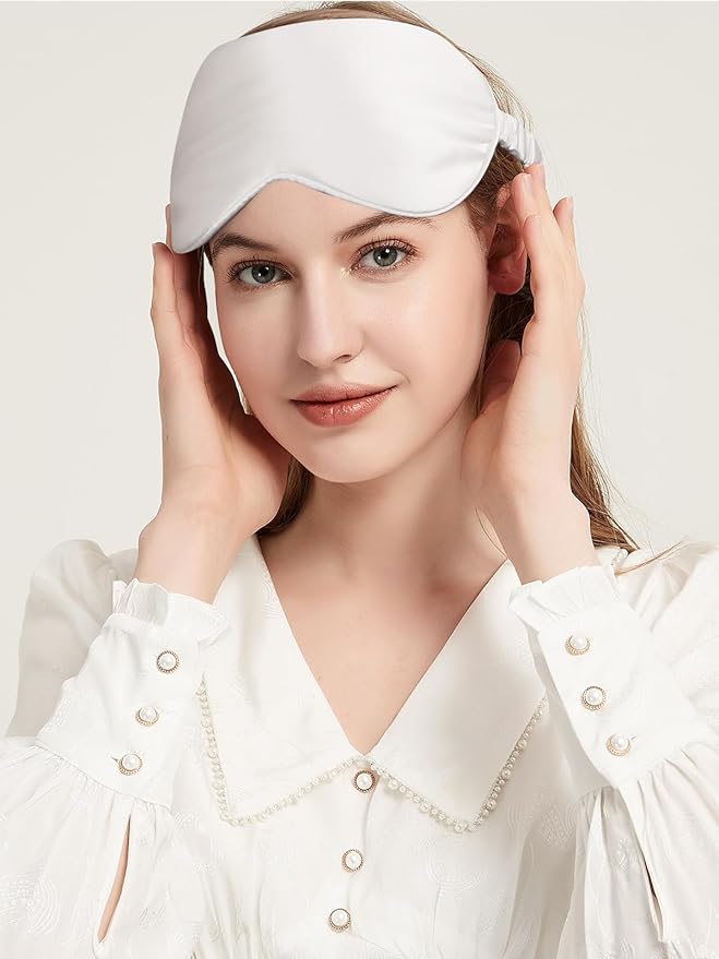 100% Mulberry Silk Eye Mask for Sleeping with Silk Wrapped Adjustable Strap,Ivory White - Bloomnest