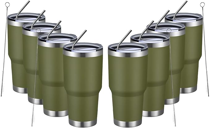 MEWAY 30oz Insulated Tumbler With Lids and Straws,Stainless Steel Double Vacuum Coffee Tumbler Cup, Brush, Durable Powder Coated Coffee Cup for Cold & Hot Drinks, Office, Travel(Army Green,8 PACK) - Bloomnest