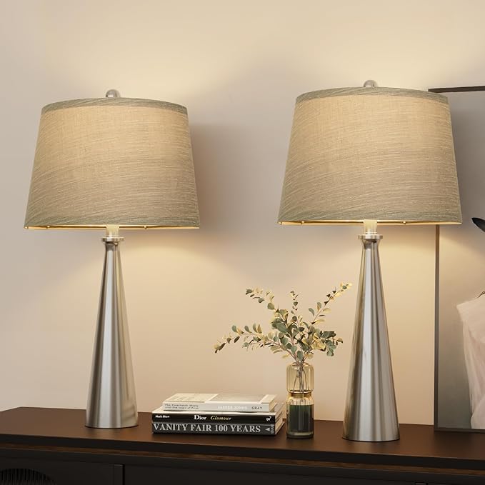 Oneach 25.75" Modern Table Lamp Set of 2, Bedside Lamps with USB Ports, Silver Nightstand Lamps Set for Living Room Bedroom House Bedside Home Office Family - Bloomnest
