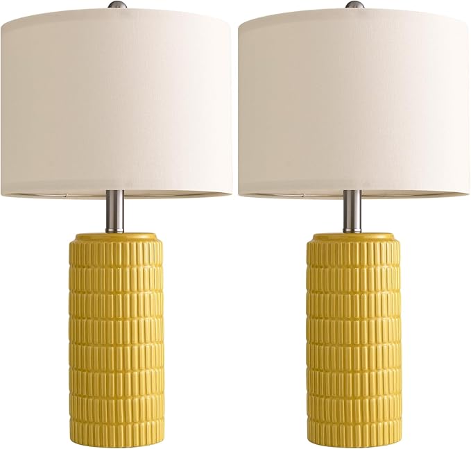 PoKat 23" Yellow Table Lamps Set of 2, Modern Living Room End Table Lamps Decor, Ceramic Lamps for Living Room, Contemporary Nightstand Lamps for Side Console Table Hallway Gift - Bloomnest