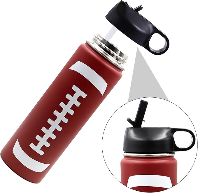 22 oz Football Water Bottle with Straw, Sports Flask Metal Travel Tumbler with 2 Lids, Stainless Steel Double Wall Vacuum Insulated Leak Proof Thermo Water Bottles, Football Gear Gifts for Boys Girls - Bloomnest