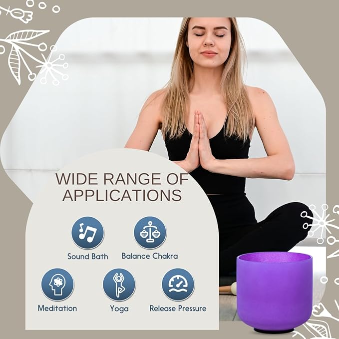 Purple B Note Crown Chakra 8 inch Quartz Crystal Singing Bowl, for Healing Mindfulness Meditation Yoga Sound Baths, with Case Rubber Mallet - Bloomnest
