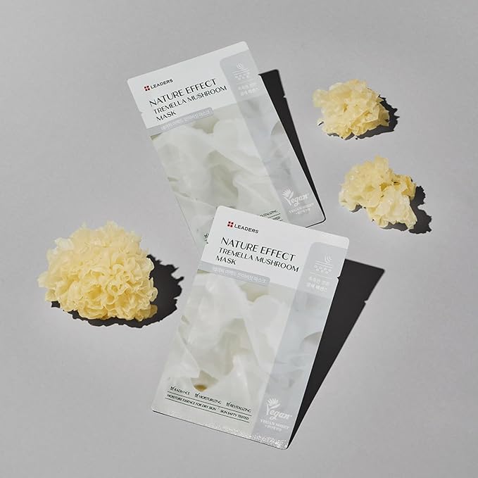 LEADERS Nature Effect Tremella Mushroom Mask - Hydrating & Elasticity Boosting Face Mask with Vegan Collagen, Moisturizing and Heals Dry Skin with Serum Content, Vegan Certified - 10 Sheets - Bloomnest
