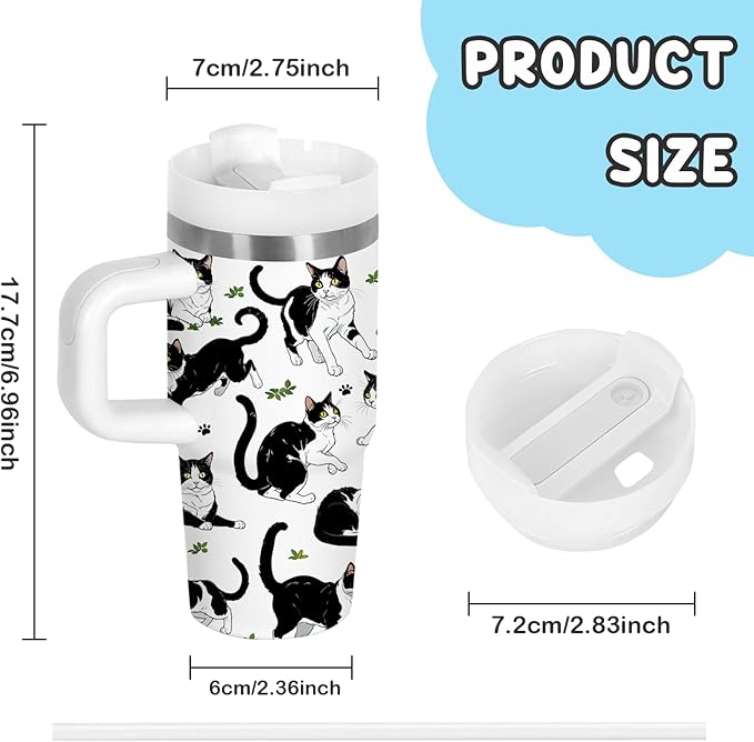 Cat Gifts for Kids - 14oz Cute Cow Cat Tumbler with Handle and Straw, Stainless Steel Insulated Water Cup, Leak Proof, for Sport, School, Travel - Cow Cats Lovers Children Birthday Gifts Cups(1pc) - Bloomnest