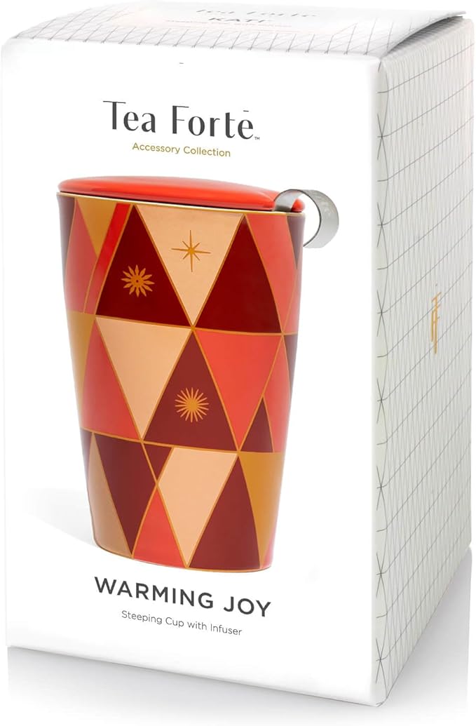 Tea Forte Double-Walled Ceramic Kati Cup, Removable Stainless Steel Infuser Basket and Lid, Steeps 12 oz Loose Leaf Tea, Dishwasher & Microwave Safe, Warming Joy - Bloomnest