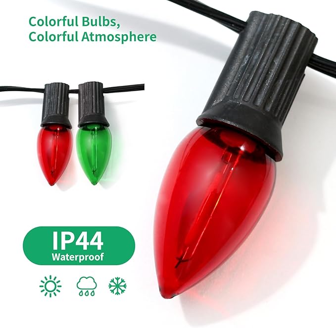 Meconard C7 Led Replacement Christmas Light Bulb, C7 Shatterproof Led Bulbs for Christmas Indoor Outdoor String Lights, E12 Candelabra Base Red Light Bulbs Green Light Bulb, 25 Pack - Bloomnest