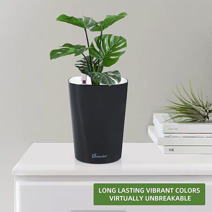 Dexceder 6x7 Self Watering Planter Indoor Outdoor, High Gloss Table Flower Plant Pot with Water Level Indicator (Black) - Bloomnest
