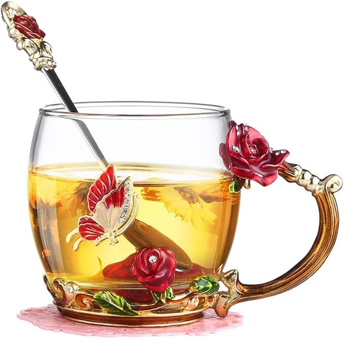 Luka Tech Enamel Butterfly flower Lead-free Glass Coffee Mugs Tea Cup with Steel Spoon, personalised Gifts For Women Wife Mom Girl Teacher Friends Birthday Mothers Valentines Day Wedding (Rose) - Bloomnest