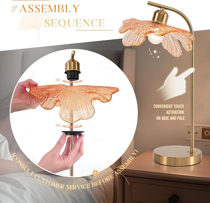 Mid Century Modern Table lamp 2 Pack Gold Table Lamps with Touch Switch Amber Glass Tall Table lamp Bedside Desk lamp nightstand lamp Small Table lamp for Bedroom Living Room Office - Bloomnest