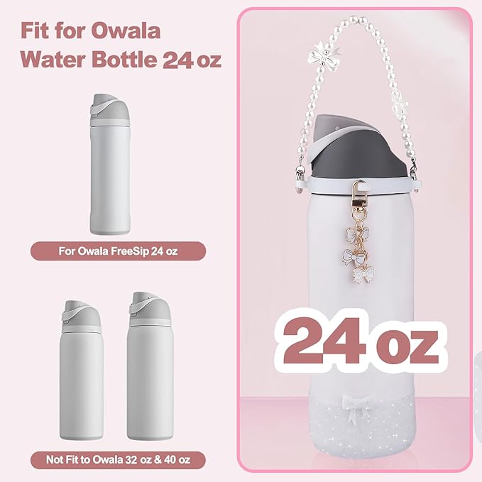 Water Bottle Accessories Set for Owala FreeSip 24oz、32 oz– Includes Pearl Handle Strap, Bow Charms,2.9in .3inch Silicone Bling Boot for Owala Accessories for Women Bloomnest