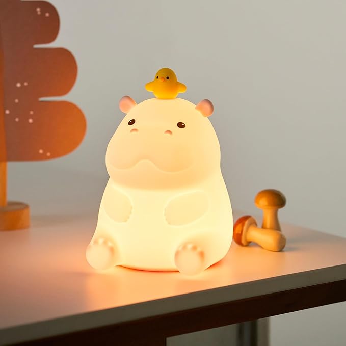 Cute Hippo Night Light, Animal Lamp, Food Grade Silicone, Rechargeable, 2 Level Dimmable, Squishy Nursery Nightlight for Desk Decor, Funny Gifts Stuff for Boys Girls Baby, White Elephant Gifts - Bloomnest