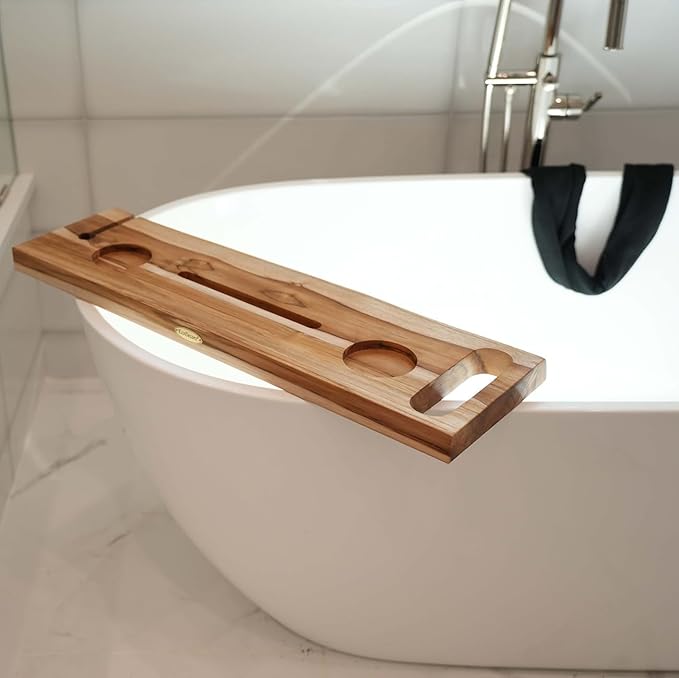 EcoDecors Eleganto 30" Live Edge Solid Teak Bath Caddy Tray with Handle, Book & Tablet Holder, Wine Glass Holders, Luxury Bathtub Tray - Bloomnest