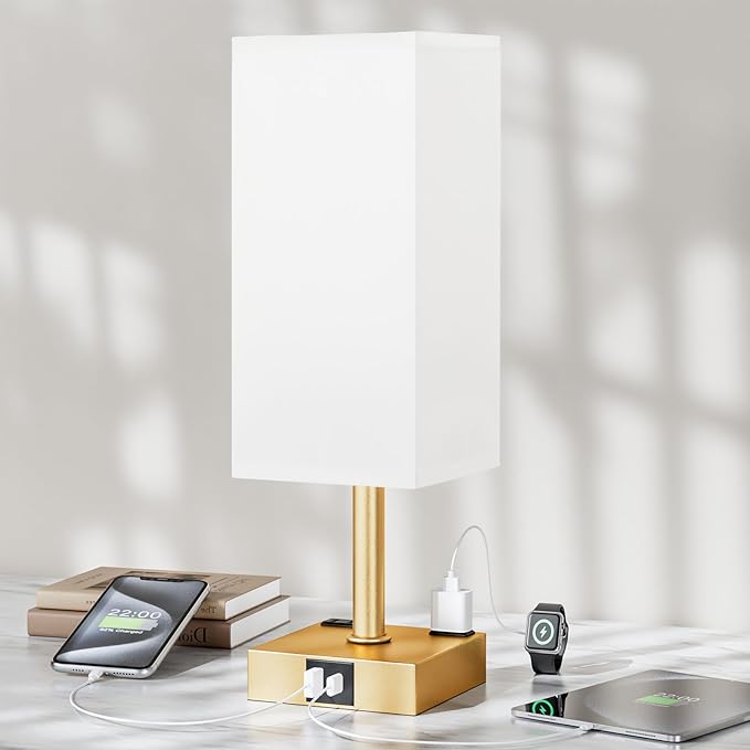Gold White Touch Table Lamp - Bedside Lamp with USB A + Type C Charging Ports and Two AC Outlets, Small Night Stand with E26 LED Bulb, Desk Light for Bedroom Living Room Office Dorm - Bloomnest