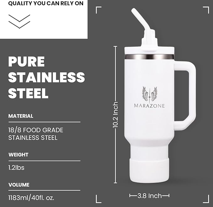 40 oz Insulated Tumbler with Handle and Straw - Stainless Steel Double Wall Vacuum Cup, Car Cup Holder Compatible Hot Cold Travel Mug, BPA Free Reusable Water Bottle for Women Men, Pure white - Bloomnest