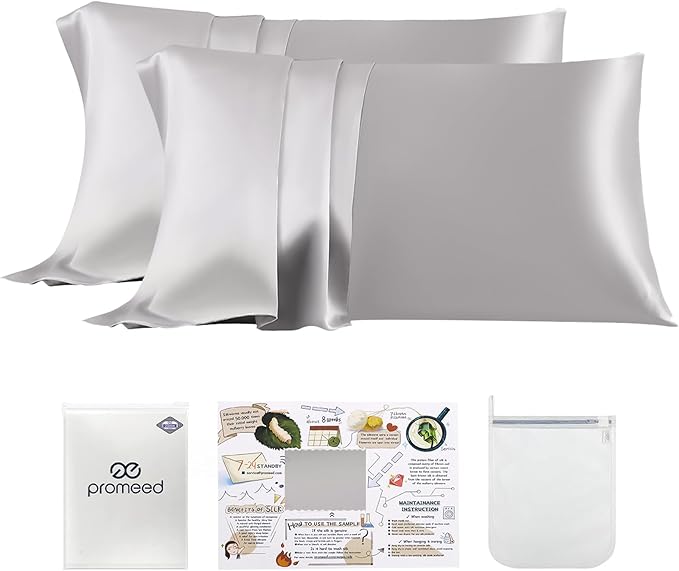 PROMEED 23 Momme Silk Pillowcase 2 Pack with Zipper, 3rd Gen Grade 6A+ 100% Mulberry Silk Pillow Case Set of 2, Cooling Pillow Cases for Hot Sleepers (King 20"x36", Light Grey) - Bloomnest
