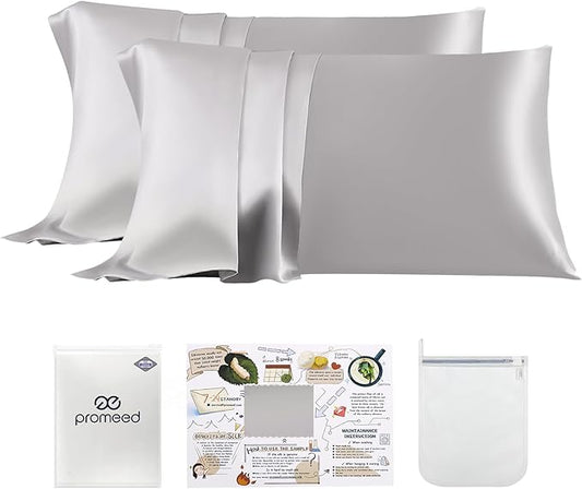 PROMEED 23 Momme Silk Pillowcase 2 Pack with Zipper, 3rd Gen Grade 6A+ 100% Mulberry Silk Pillow Case Set of 2, Cooling Pillow Cases for Hot Sleepers (King 20"x36", Light Grey) - Bloomnest