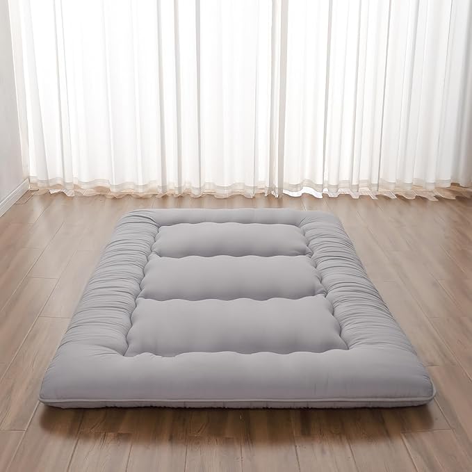 Japanese Floor Mattress, Futon Mattress with Storage Bag and Washable Cover, Roll Up Tatami Mat Suitable for Guest Room, Grey, Queen - Bloomnest